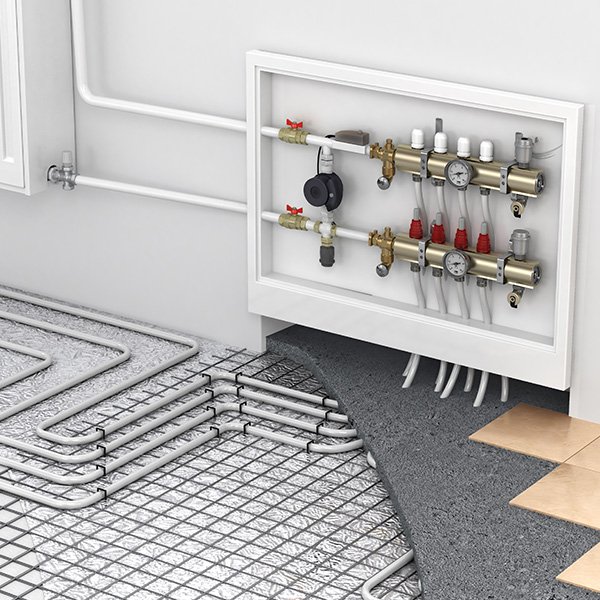 A modern kitchen displaying a hydronic floor heating system with visible pipes in Ottawa, ON