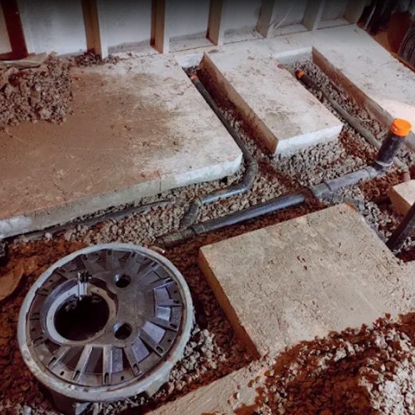 Concrete floor showing plumbing rough‑in connections for future bathroom fixtures in Ottawa, ON