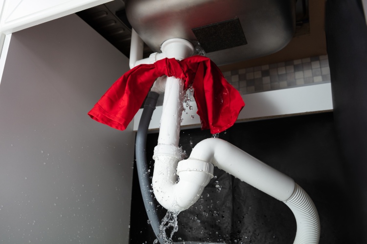 Water leaking from under-sink drainpipe with red cloth wrapped around joint as temporary fix