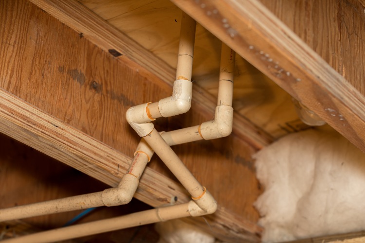 PVC plumbing pipes installed in attic with multiple joints and connections visible