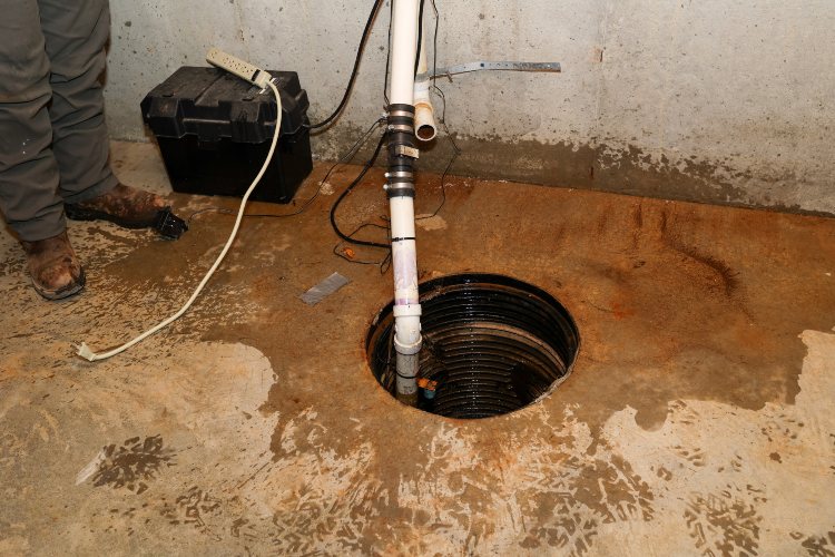 Basement sump pump system removing excess water to prevent flooding